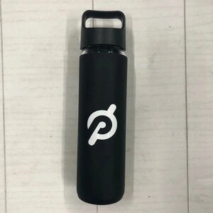 Peloton Glass Water Bottle with Black padded material‎ around glass with logo.